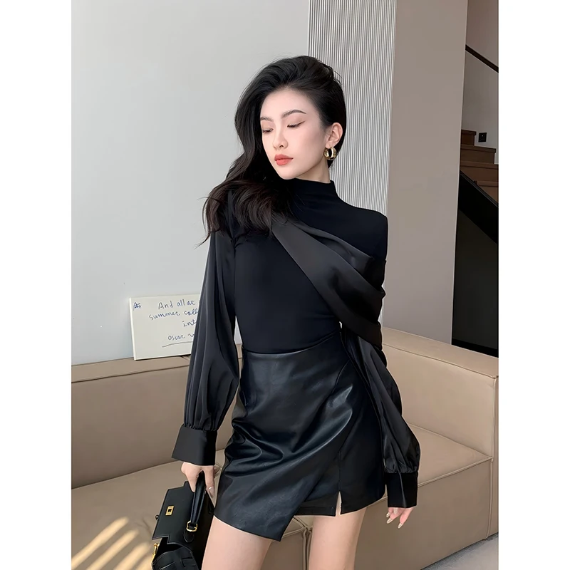 MEXZT eleganckie czarne koszule damskie moda luksusowe patchworkowe bluzki biurowa, damska koreańska, z długim rękawem Slim Chic Design topy nowość