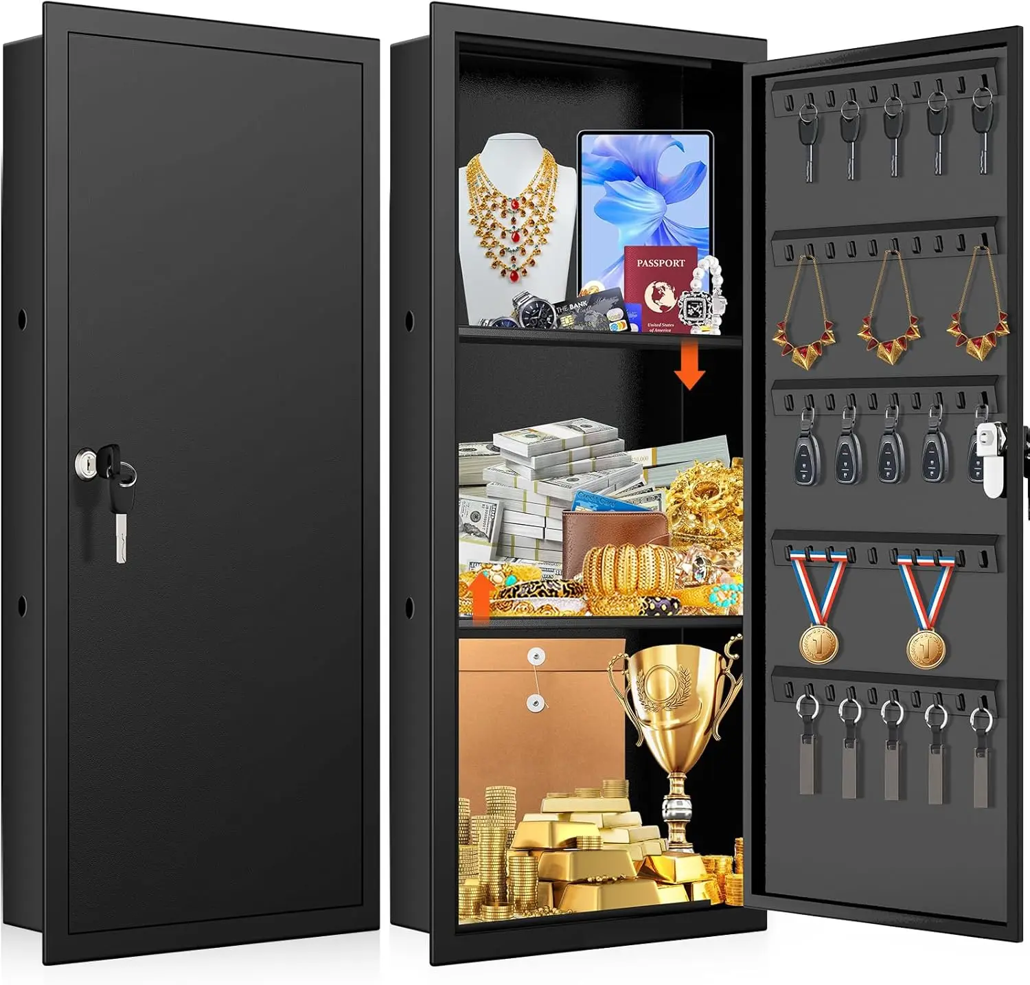 

31.5" Tall Wall Safe Between Studs, 2 Removable Shelves, 50 Hooks, Lockable Hidden Box for Keys, Jewelry, Money, Valuables