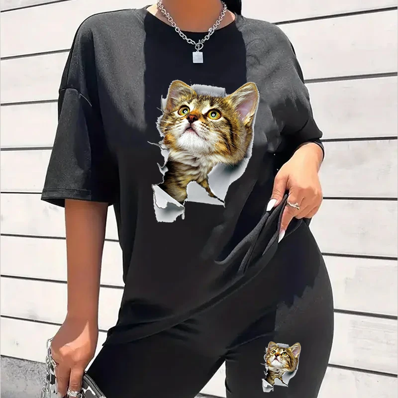 Hot Sale 3D Cat Pattern T-Shirt Women Plus Size Hip Lift Squat Proof Fitness Tight Shorts Suit Fashion Animal Y2K Tshirt Sets