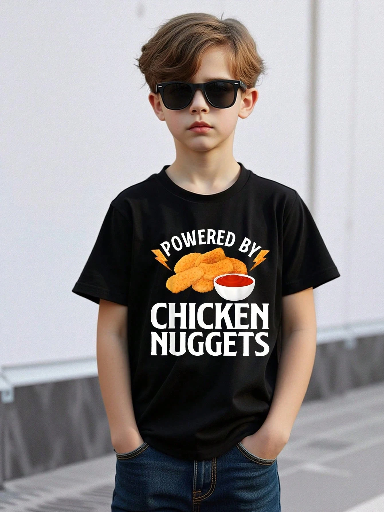 Creative Style Fashion Powered By Chicken Nuggets Print T-Shirt Kids Tee Summer Boy Girl Shirt Casual Tops Crewneck Clothing