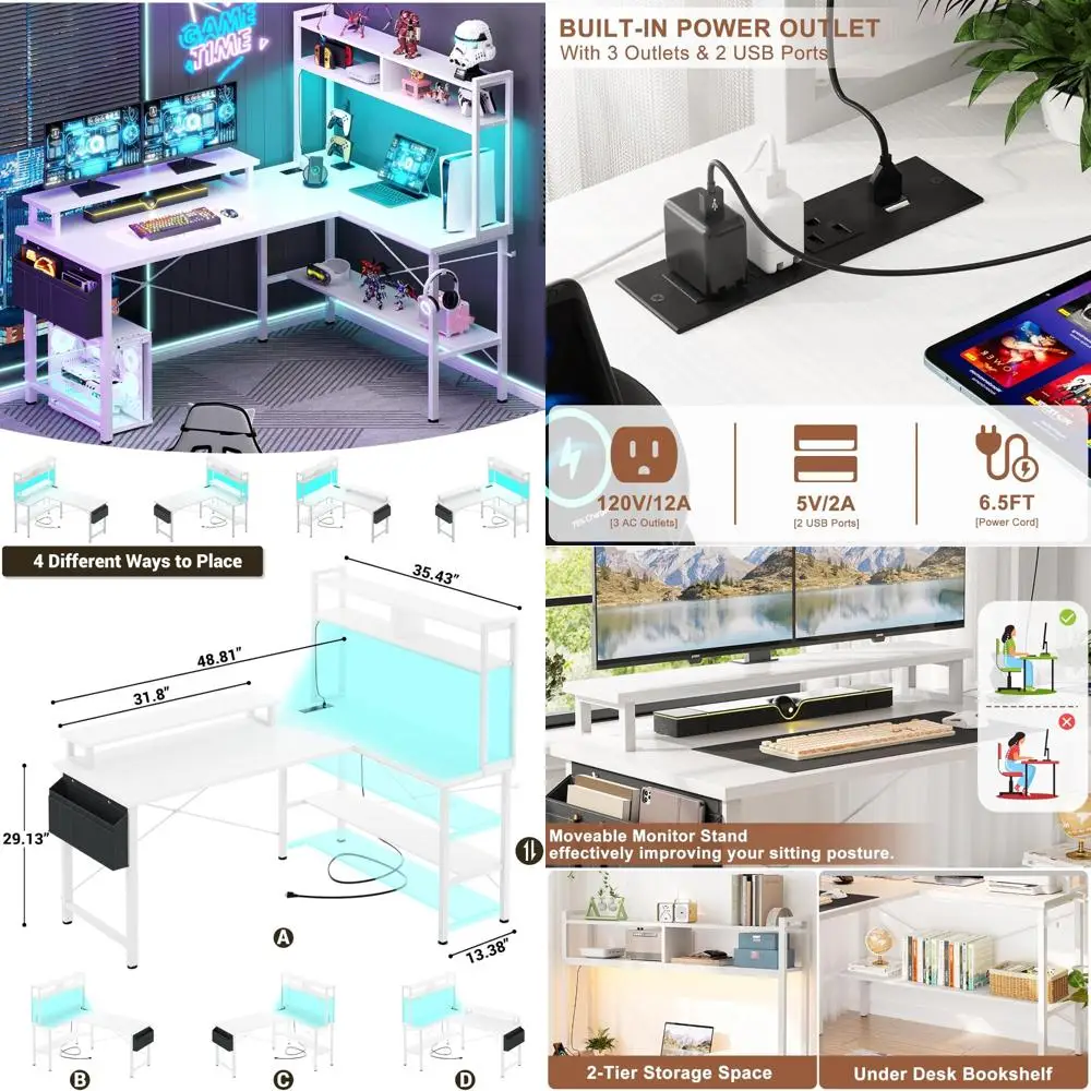 

Compact L-Shaped Gaming Desk with Integrated Power Outlets and LED Lighting for Computer Corner Desks