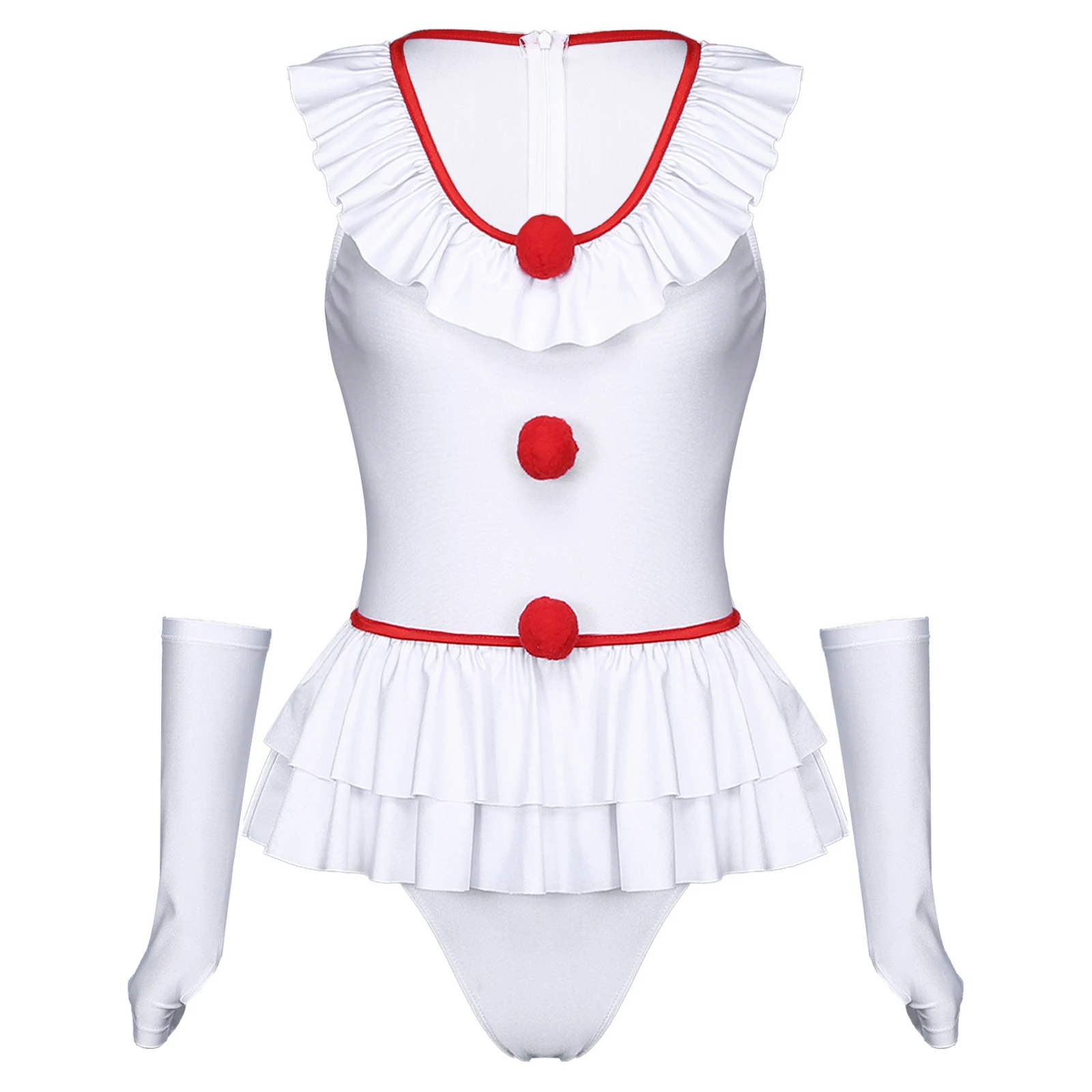 ผู้หญิง Clown เซ็กซี่เครื่องแต่งกายฮาโลวีนคอสเพลย์ Leotard ปาร์ตี้ Roleplay ชุดนอนแขนกุด Ruffled Bodysuit ถุงมือชุด