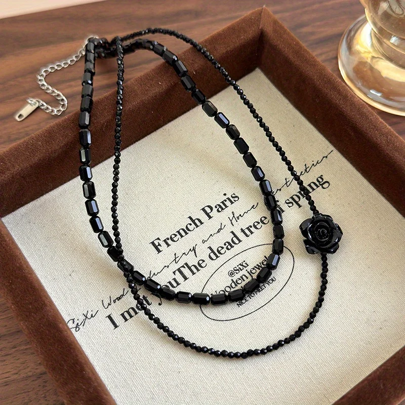 Exquisite Black Rose Crystal Bead Double Layer Choker Necklace for Locking Collarbone – Vintage & Unique