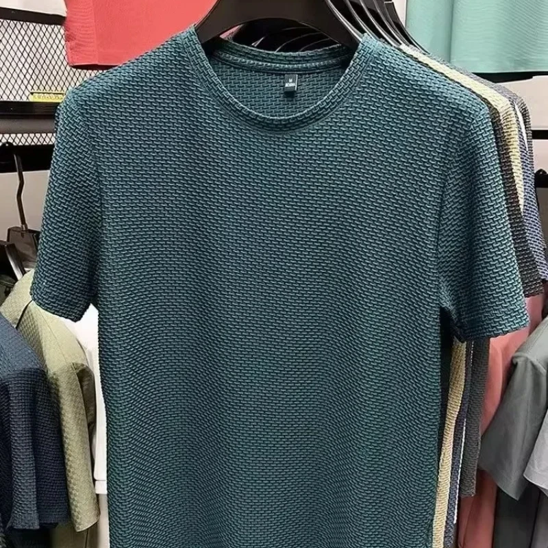 

Men's Short Sleeve Mesh Bamboo Ice Silk T-shirt Casual Versatile Summer Elastic Slimming Top for Men