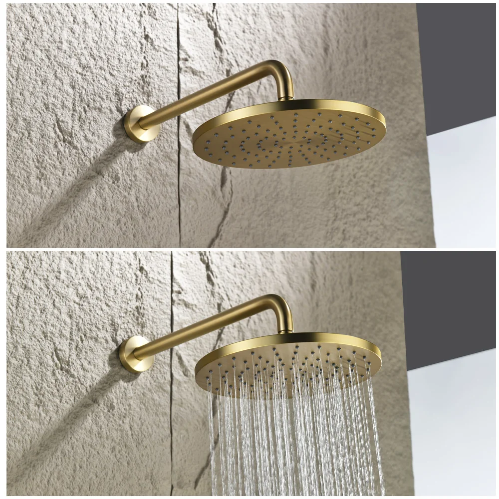 الراقية نحى الذهب الحمام الحنفيات في جدار دش المطر مجموعة الصلبة النحاس ثرموستاتي صنبور حوض خلاط جزءا لا يتجزأ من نظام دش حوض الاستحمام صنبور دش حديث فاخر مخفي لحوض الشلال مجموعة كاملة