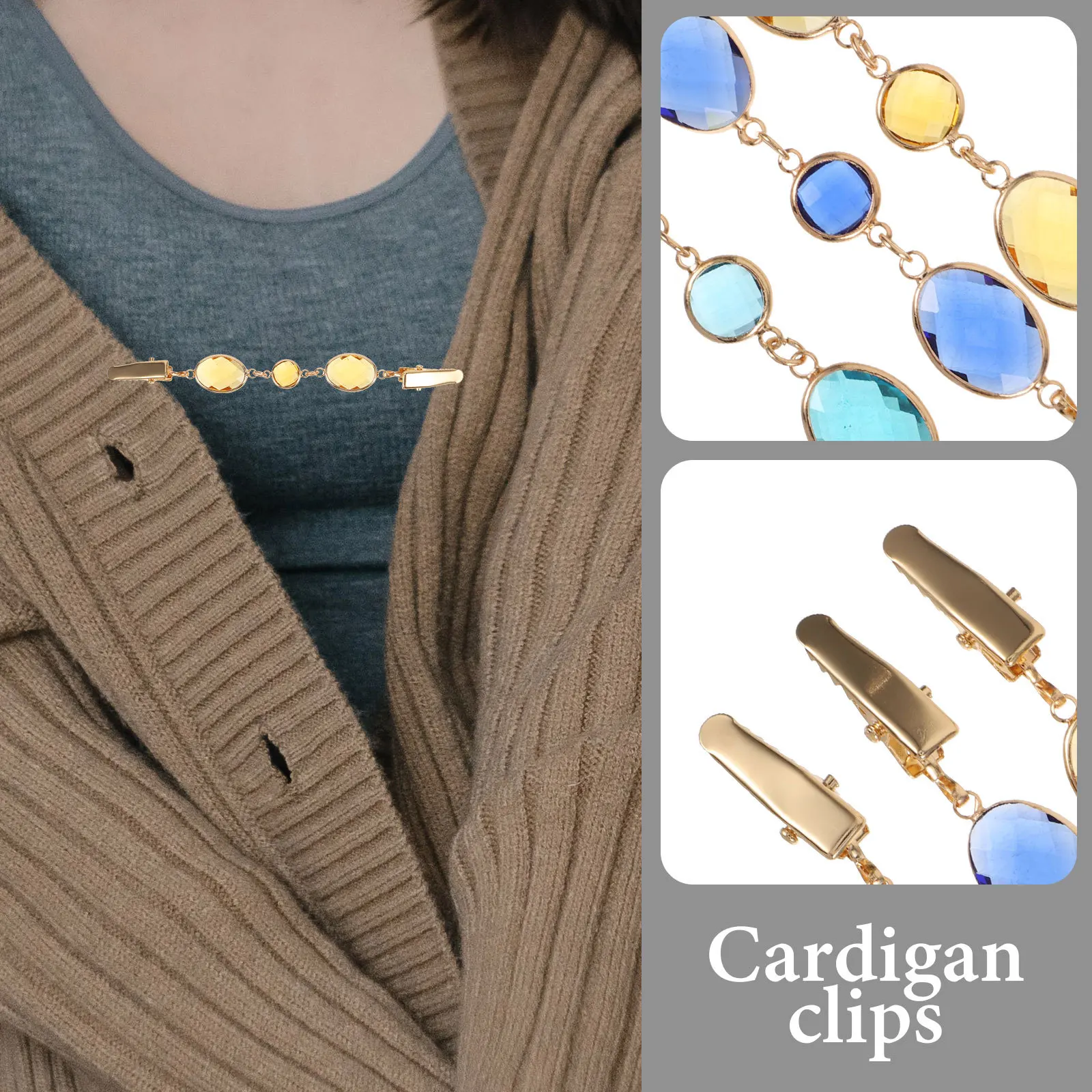 

3pc Women'S Sweater Clips Glass Crystal Cardigan Clips For Sweaters Vests Shawls Jackets Vintage Collar Pin Yellow Navy