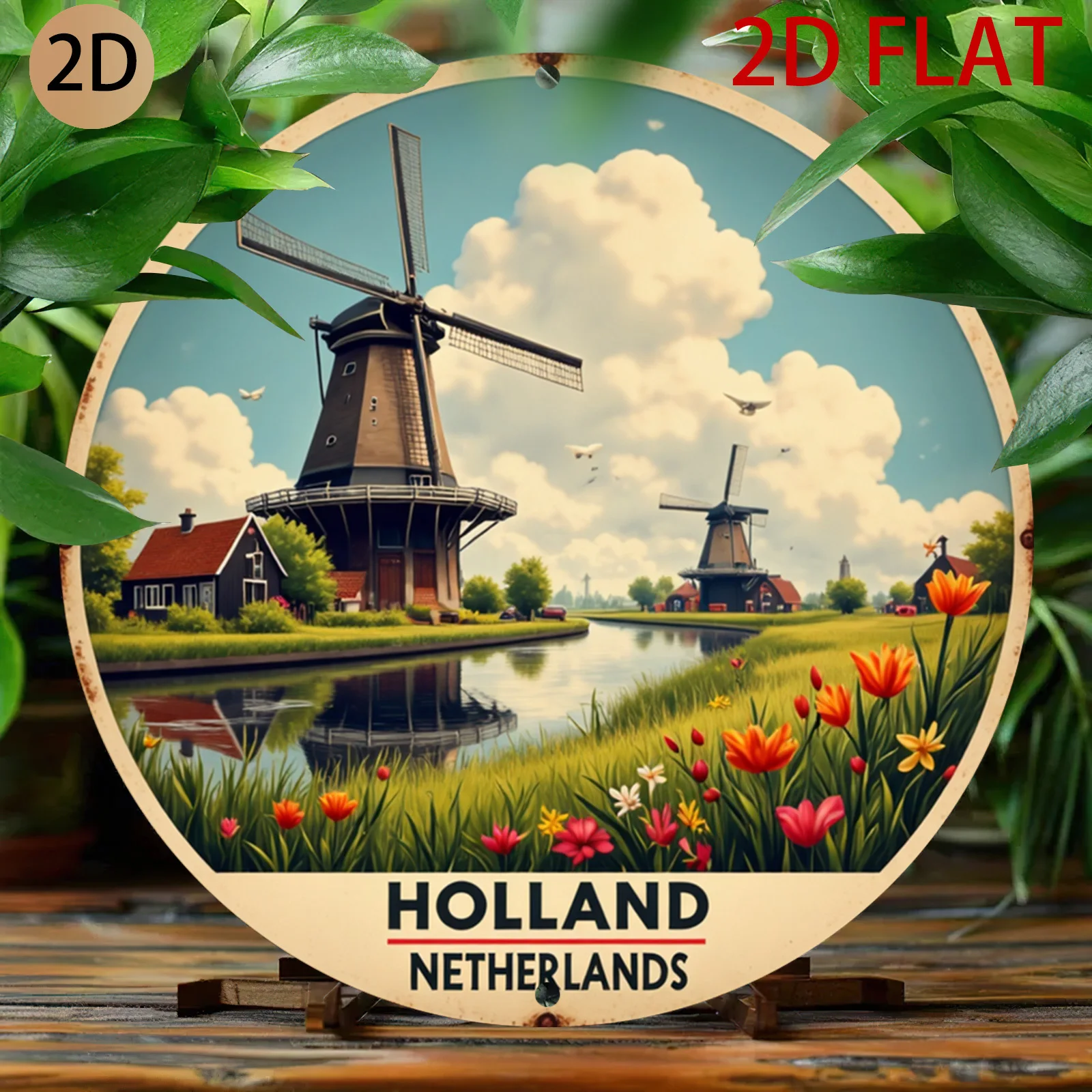 2D Flat Vintage Metal Sign Holland Netherlands Windmill Tulip Canal Travel Poster Sign Rustic Wall Art Decor for Home Garden Pat