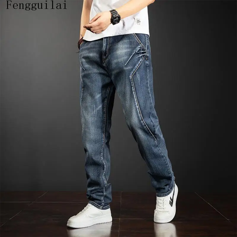 Men's Vintage Washed Jeans Patchwork Stitching Design Loose Straight Denim Pants Casual Streetwear Distressed Trousers