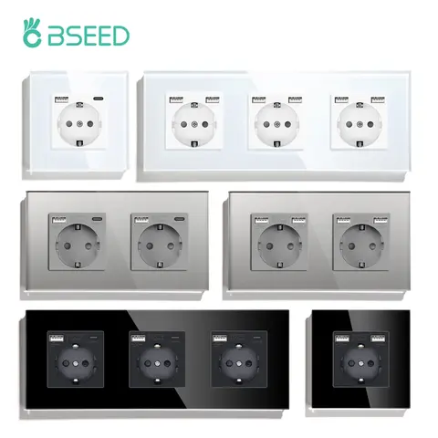 USB Type-c 인터페이스가 있는 BSEED 단일 EU 소켓 2.1A 이중 벽 전원 소켓 홈 오피스 16A용 USB 삼중 유리 소켓