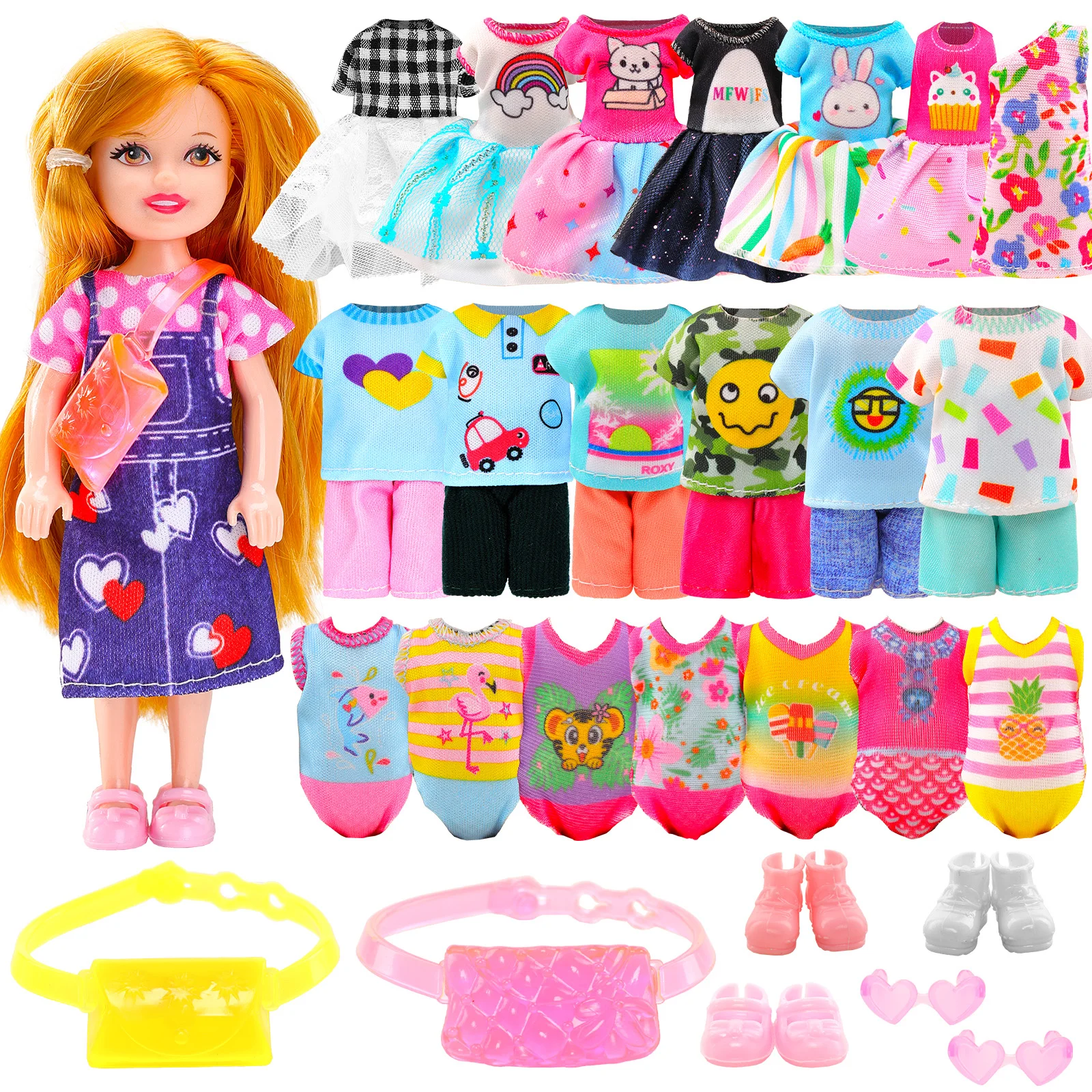 16 Pcs For Chelsea Doll Clothes Accessories 3 Set Dresses 3 Tops and Pants 3 Swimsuits 3 Shoes 2 Glasses For 5.3 inch Doll