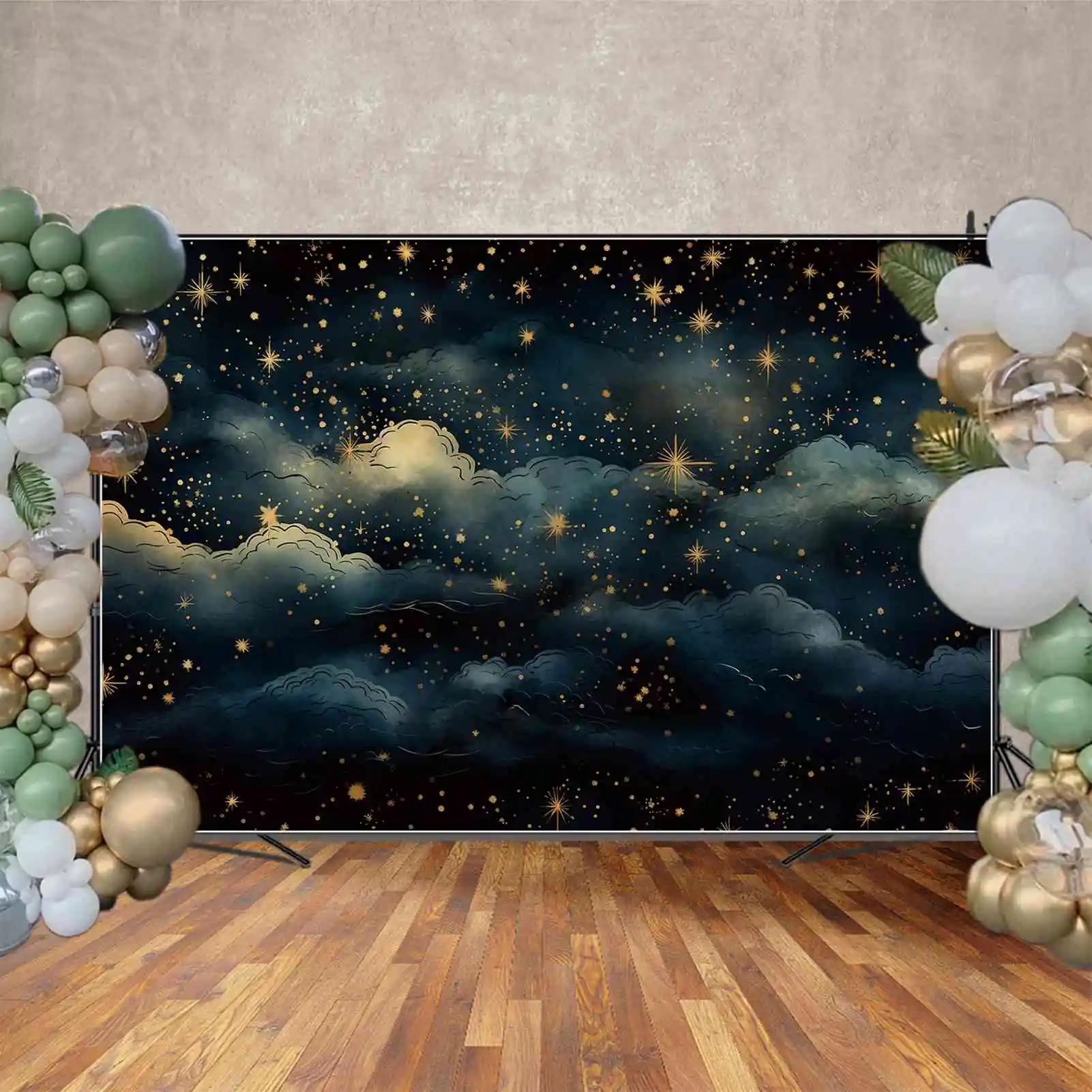 Moon.qg ฉากหลังถ่ายภาพเมฆสีฟ้าดาวสีทองท้องฟ้าอุปกรณ์ถ่ายภาพเด็กอุปกรณ์ประกอบฉากพื้นหลังเนบิวลาระยับเครื่องตกแต่งฝาผนังอุปกรณ์ประกอบฉากวันเกิด