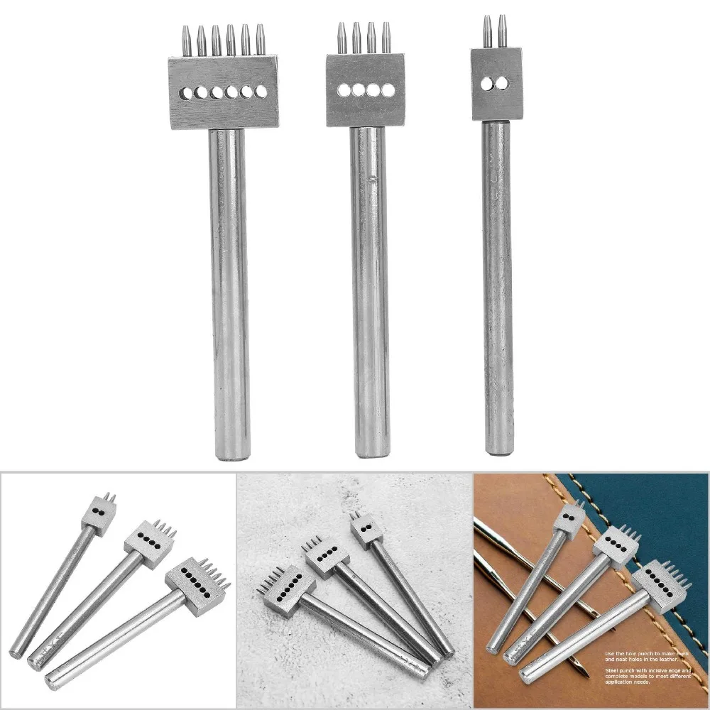 3pcs 2/4/6 Prong Leather Hole Punch Tool 4/5/6mm Pitch Round Punch Chisel Spacing Punch Tool Leathercraft Punching Set