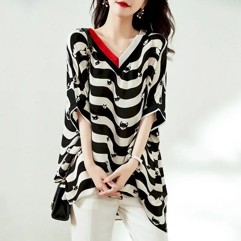 Fashion Large Size T Shirt Women V-neck Stripe Half-sleeve Chiffon Shirt Casual Loose Tshirt 2025 Summer New Tops Womens Clothes