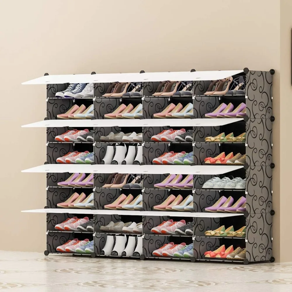 Portable Shoe Rack Organizer 64 Pair Tower Shelf Storage Cabinet Stand Expandable for Heels, Boots, Slippers， 8 Tier Black