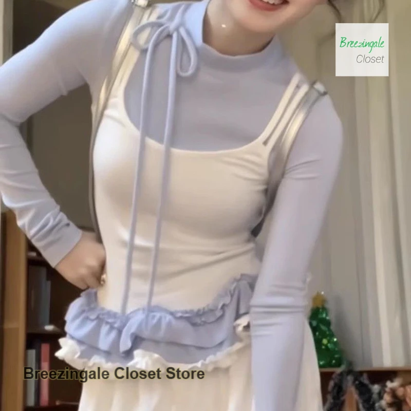 

French sweet blue and white fake two-piece long-sleeved T-shirt women's spring and autumn new women's slim casual Joker top