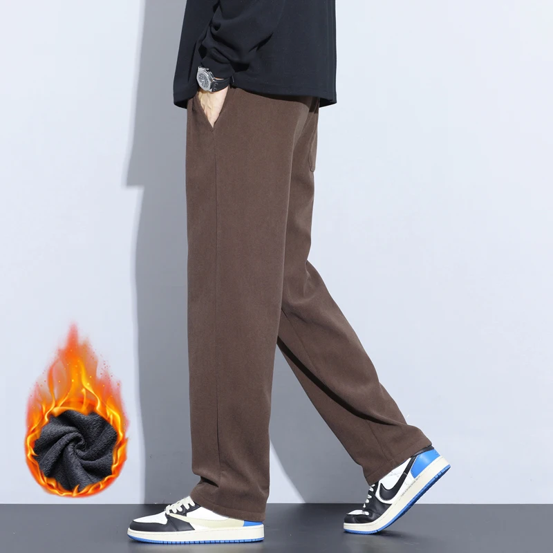 Kaffee Khaki Schwarz Grau Lose Beiläufige Hosen Männer Winter Fleece Thermische Mode Hosen Dicke Samt Gerade Breite Bein Jogginghose