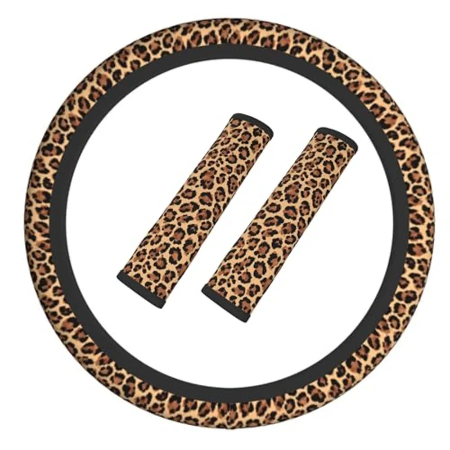 

Leopard Print Steering Wheel Cover Elastic Non-Slip Car Steering Wheel Covers with Seat Belt Shoulder Pad for Women Men