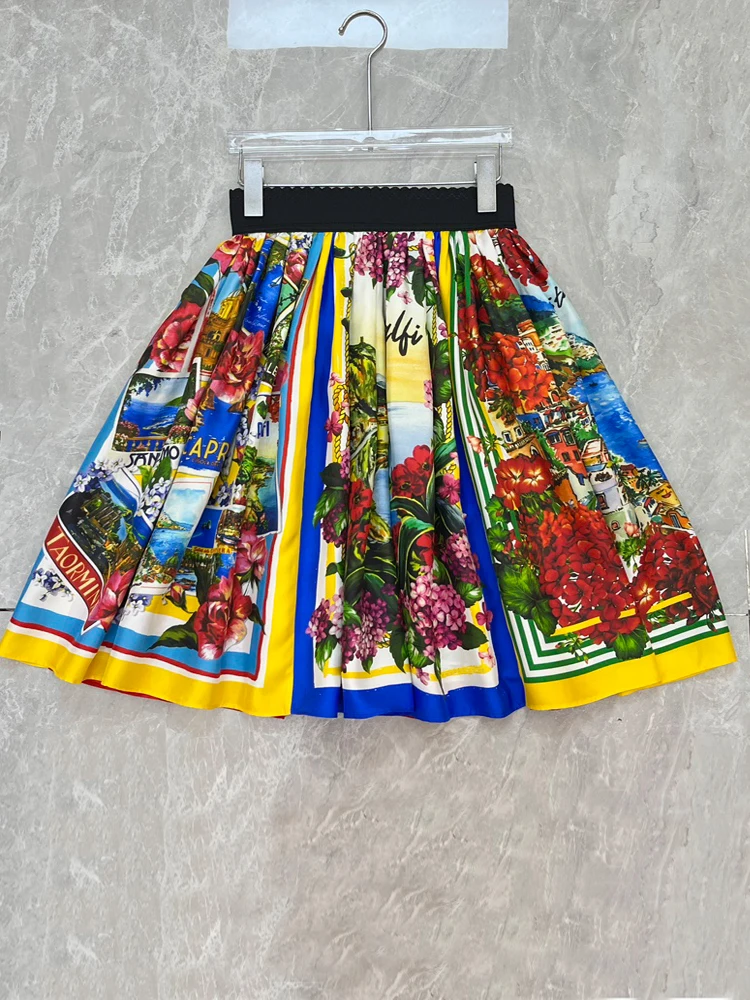 AELESEEN High Quality 100% Silk Skirt Sicilian Summer Runway Fashion Colorful Flower Print Letters Waist Elastic Mini Casual