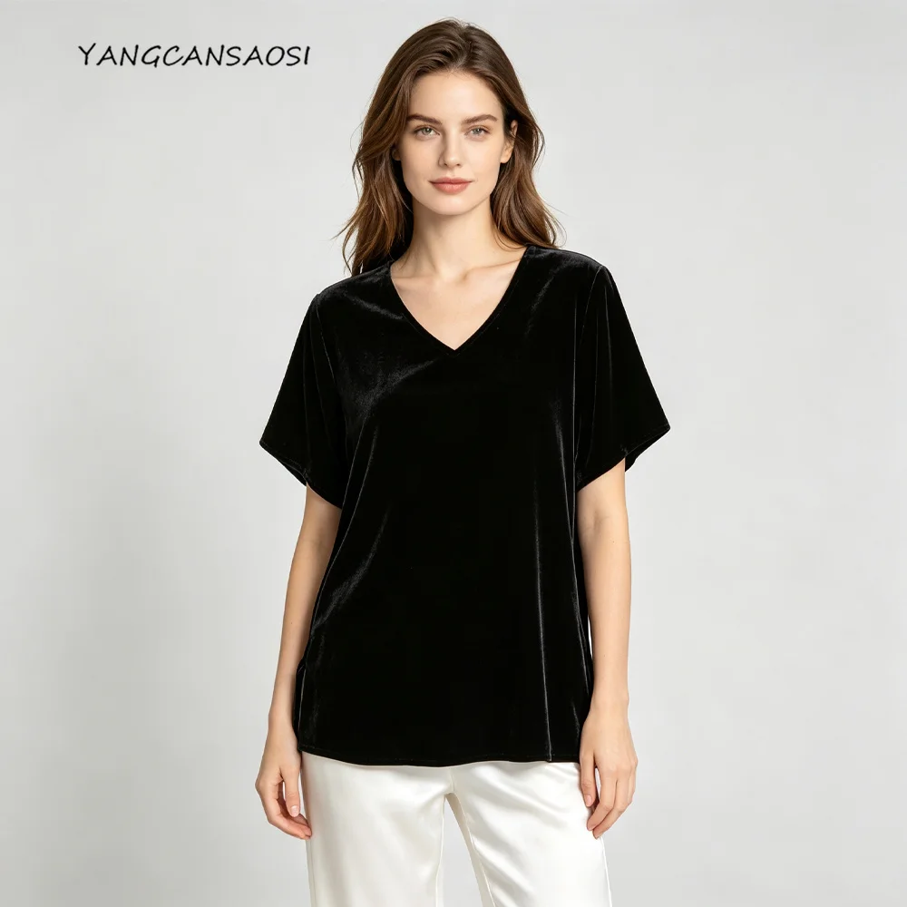 Women's Casual Versatile 30% Natural Mulberry Silk Velvet Loose Solid V-neck Short Sleeved Skin Friendly Early Autumn T-shirt