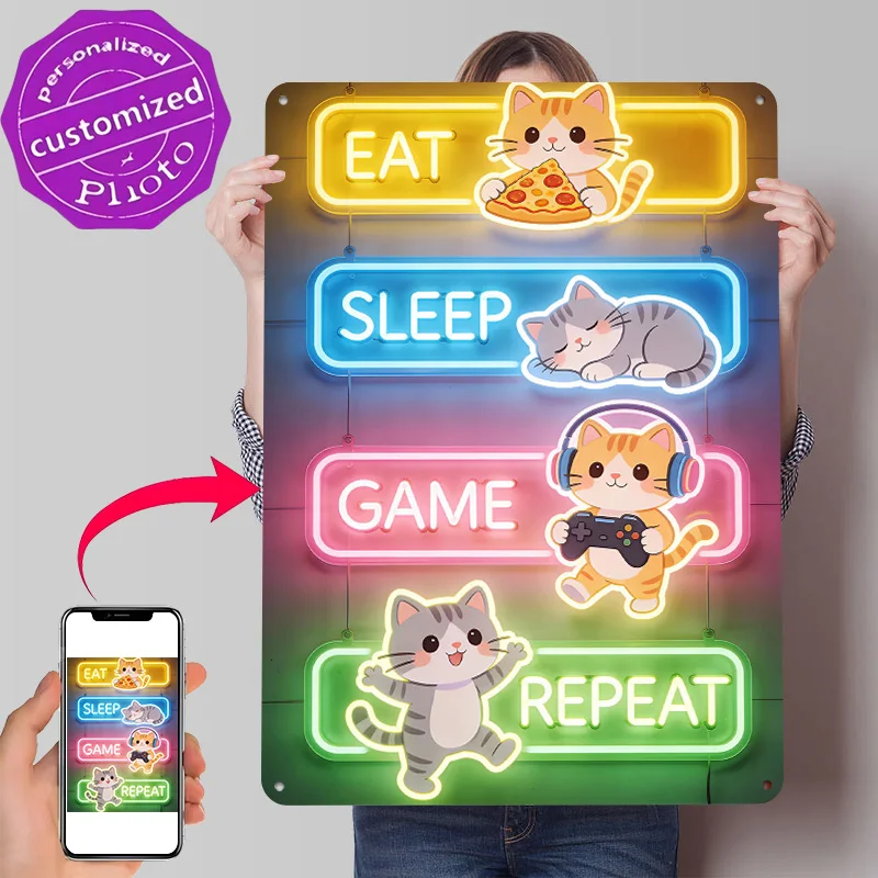 Eat Sleep Game Repeat Cats 3D Texture Printed Poster Custom Vintage Metal Tin Plate Sign for Wall Art Funny Signs Office Decor