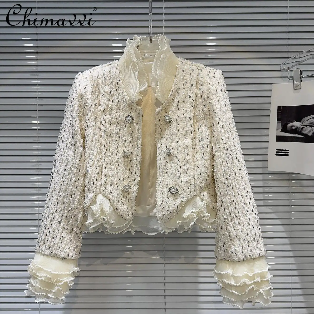 2024 Winter New French Fashion Pearl Button Chiffon Lace Jacket Women's High-end Long Sleeve Elegant Party Top Short Coat