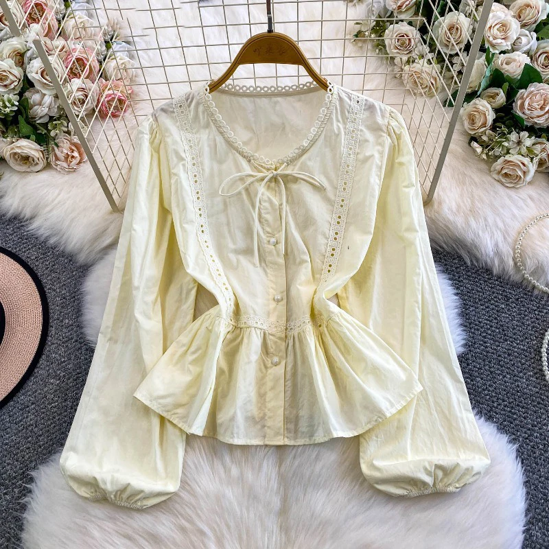 بلوزات حلوة تفريغ الدانتيل الصلبة ربيع الخريف امرأة قمصان الكورية موضة أنيقة شيك الكشكشة Blusas Mujer