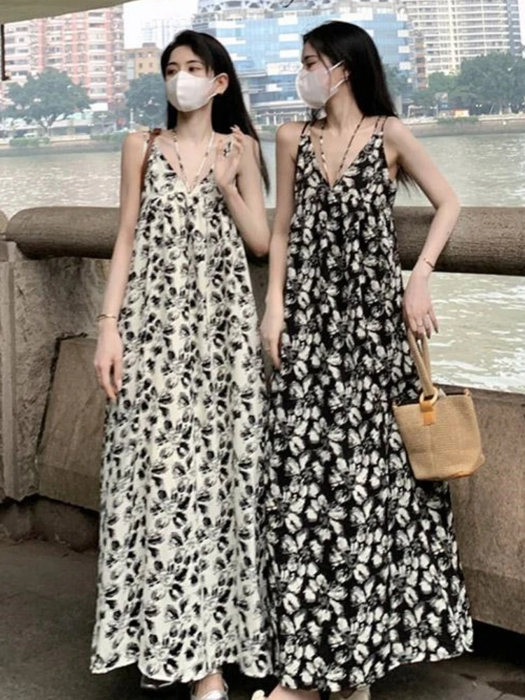 

plus Size Floral Print Maxi Dress V-Neck Summer Vacation Loose Belly Covering Strap Long Dress Korean Style Commute Wind