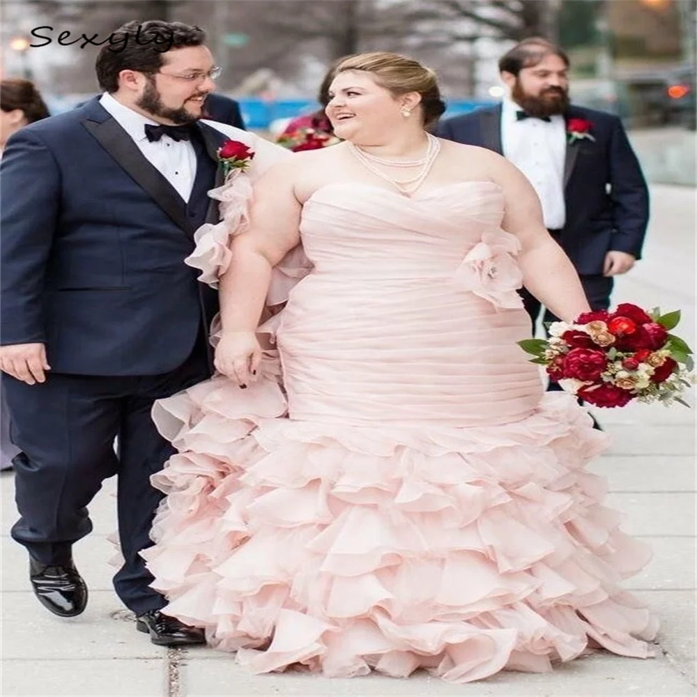 Vestido De novia De sirena rosa De talla grande, volantes en cascada, parte inferior De talla grande, vestidos De novia De lujo personalizados