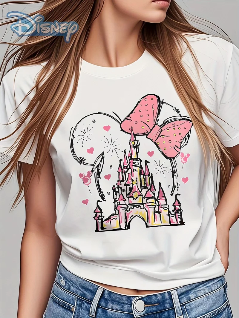 

Disney 2025 Women's Cartoon Cotton T-Shirt Mickey Mouse Print Trendy Round-neck Short-sleeve Women's Outfit Hot-selling Top