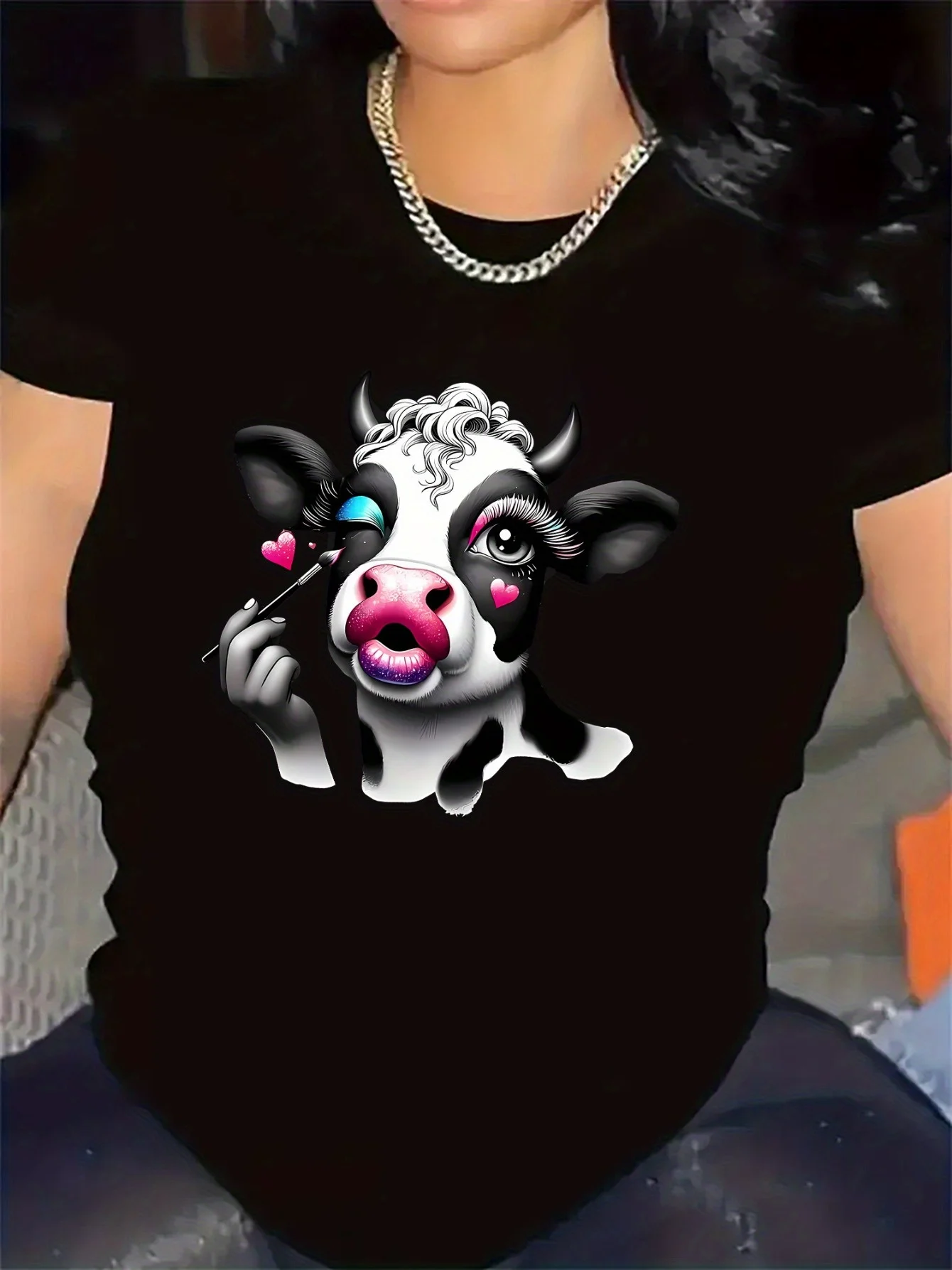 Women Summer Cute Cow Design Print Short Sleeve T Shirt Casual Daily Wear Simple Stylish Lightweight Soft Comfortable Women Top