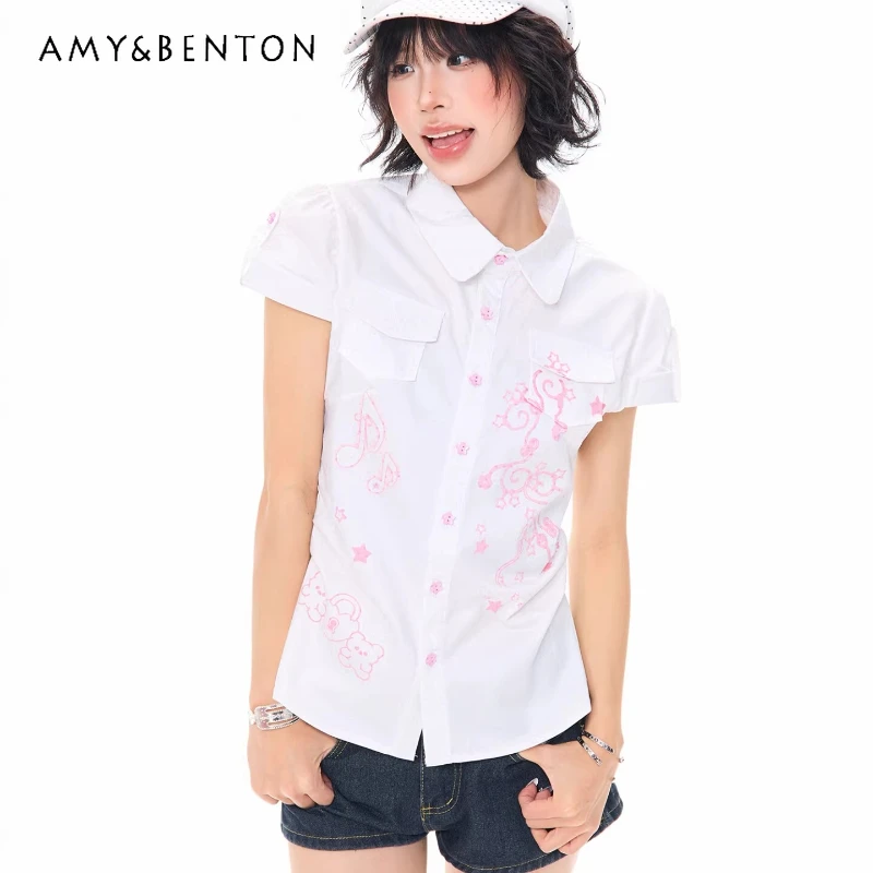 

Оригинальный дизайн, розовая женская рубашка в горошек с коротким рукавом, летняя новинка 2026 года, милая, в стиле Y2K, для девушек, приталенная, тонкая, универсальная, женская рубашка