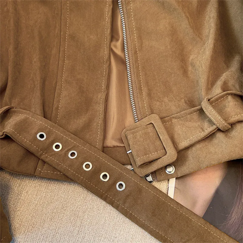Khaki Gray Short Faux Suede Jacket With Belt Spring Autumn Women Casual Lapel Long Sleeve Biker Jacket Female Chaqueta Mujer