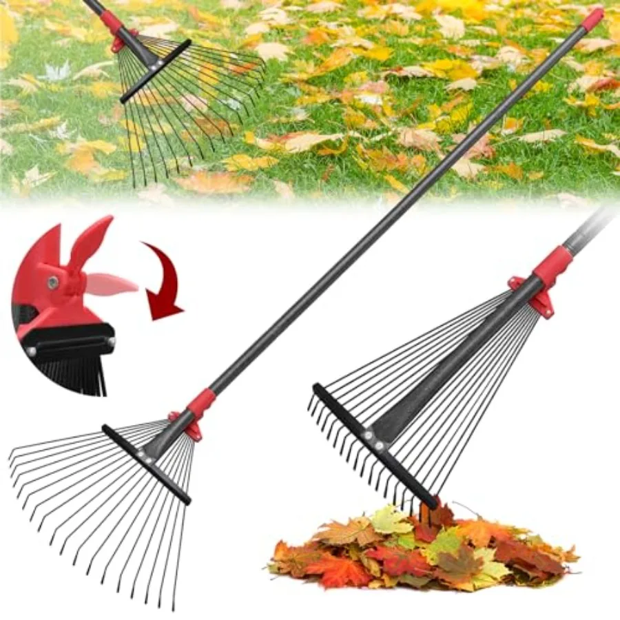 Adjustable Metal Leaf Rake, 18 Metal Tines Heavy Duty Leaves Rake for Lawns with 8-18