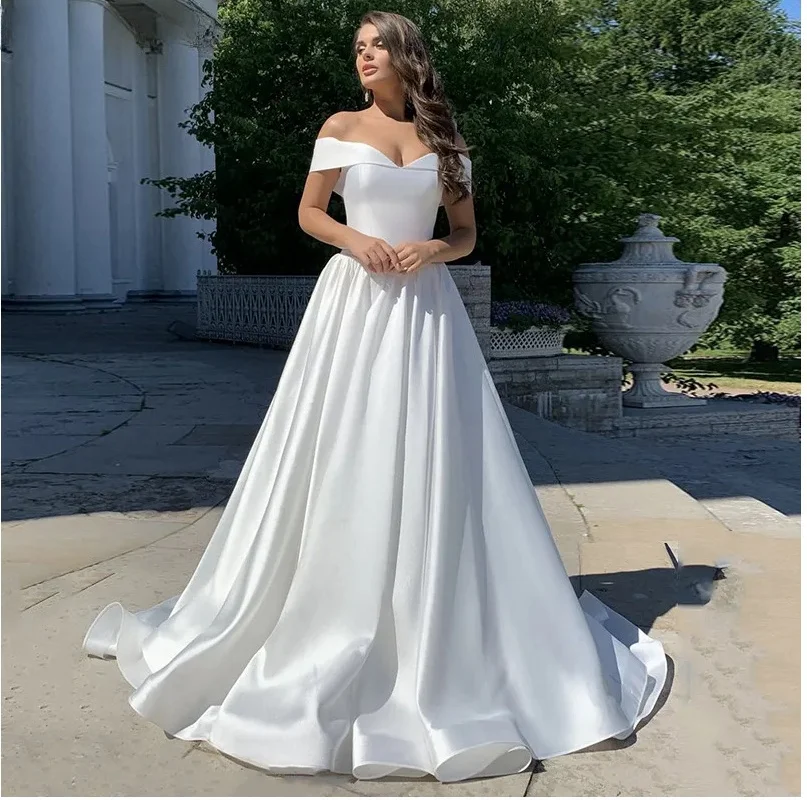 Customize To Measures Beach Satin Wedding Dresses Off The Shoulder Court Trail Boho Bridal Gown Corset Prince Classy Bride Simle