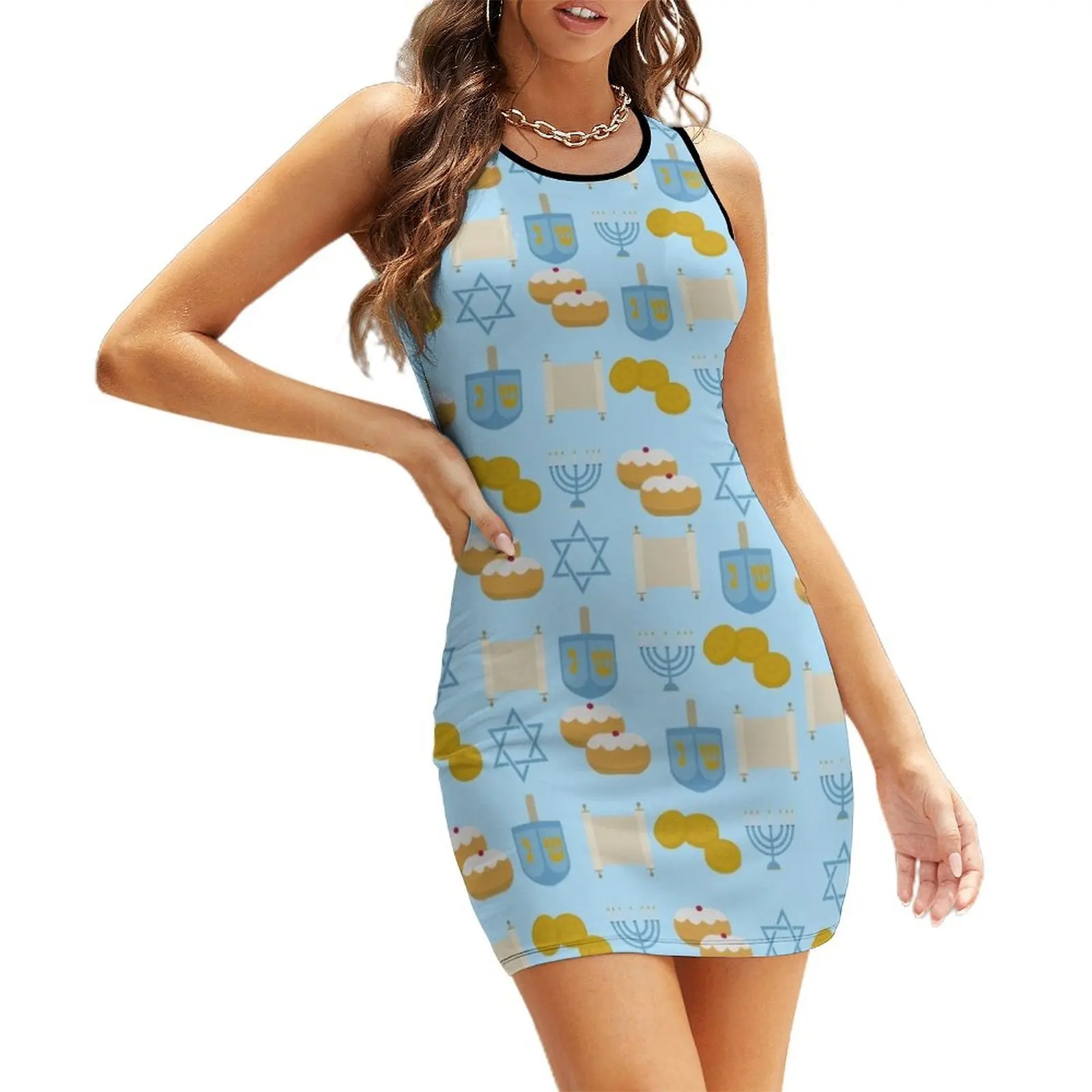 

Chanukah Pattern Blue Background- Gelt, Dreidel, Sufganiyot, Menorah, Torah, and Magen David Sleeveless Sundress