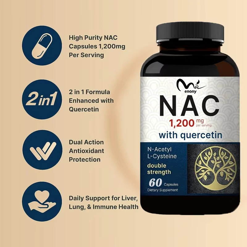 Suplemento de NAC de 1200mg, 60 cápsulas, n-acetilcisteína que contiene quercetina de doble fuerza, apoya la salud inmunológica, sanguínea y pulmonar