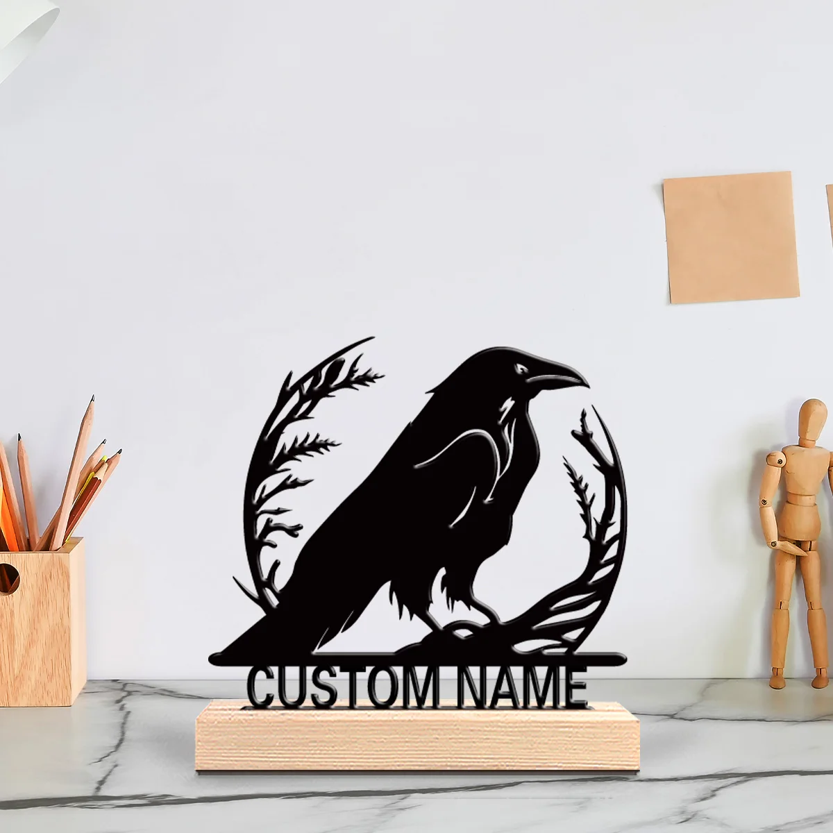 1pc Abstract bird Customizable Text Metal Statue Iron Ornament Art Crafts With Wood Base With Wood Base For Office Room Decor