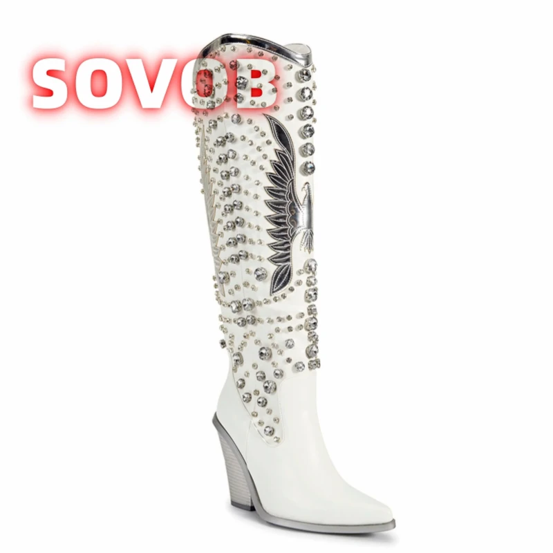 Women's Western Style Knee High Boots Rhinestone Gem Decor Wedge Heels Cowboy Boots Pointed Toe Patch and Stitch Knight Boot