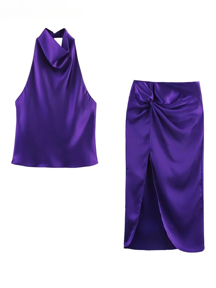 

Элегантные фиолетовые женские комплекты с юбкой, топ без рукавов с открытой спиной, плиссированные юбки на молнии с высоким разрезом, летний вечерний однотонный костюм