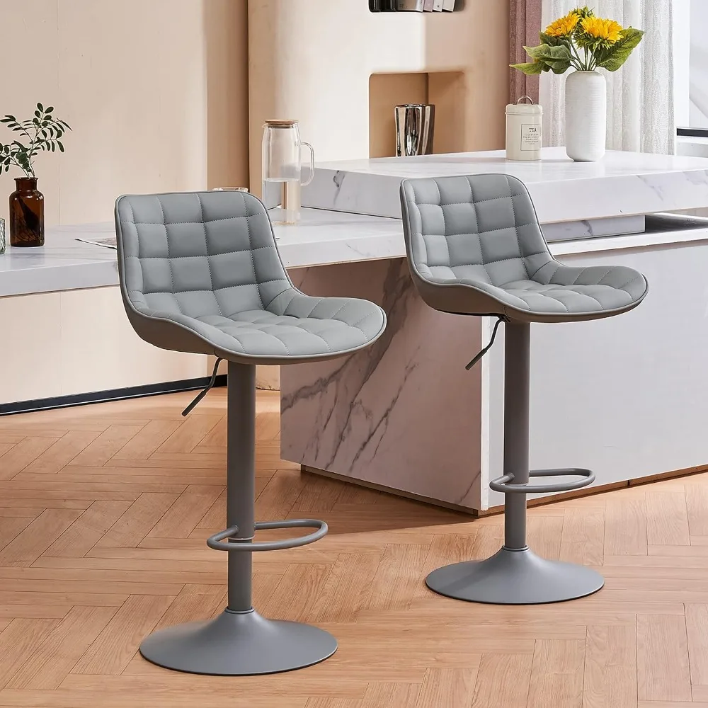Grey Bar Stools Set of 2 Counter Height Bar Stool PU Leather Upholstered Metal Barstools Modern Adjustable Swivel High Back Bar