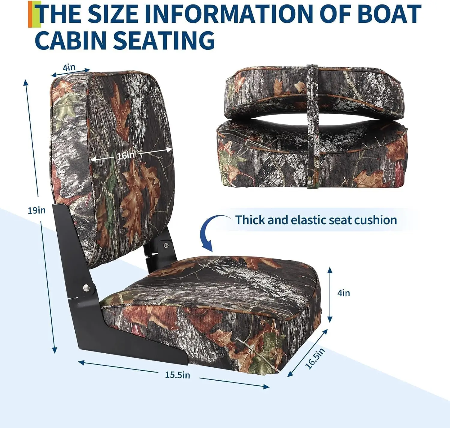 2 Pack Boat Seats, Low Back Folding Boat Seats, Fishing Boat Chairs With Thick Sponge Padding, Hinge & Fold-Down Design for Speedboat, Canoe, Sightseeing Boats