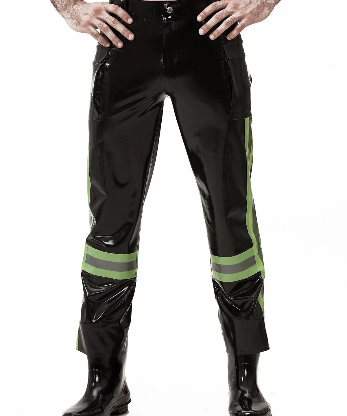 

rubber black latex pants green stripes skin tight latex trousers latex men wear fashion clubwear customized