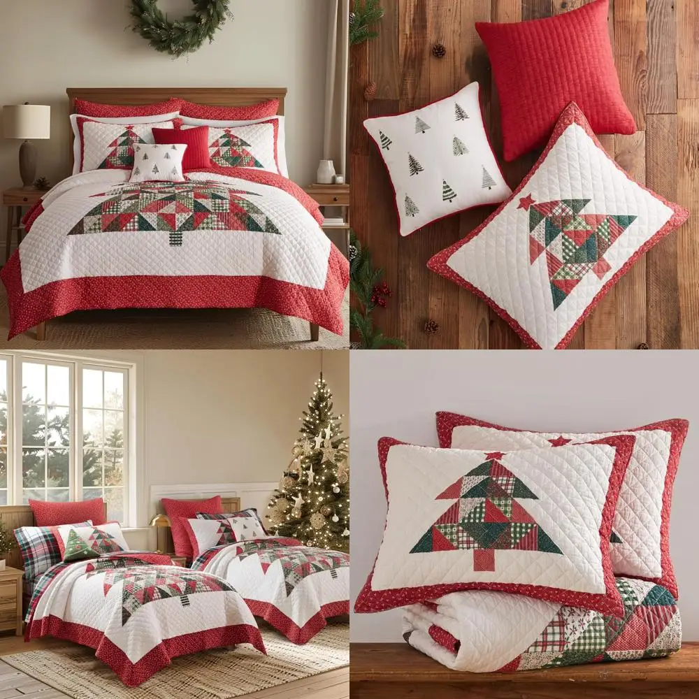 

Levtex Home Patchwork Pine King Quilt Set with Two Shams - Red, Cream, and Green Patchwork Border