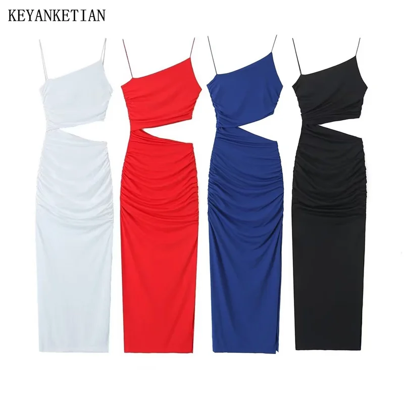 

KEYANKETIAN New Launch Asymmetrical Hollow out Expose waist Halter MIDI Dress Women's Pleats Slim Spaghetti Strap Formal Dress