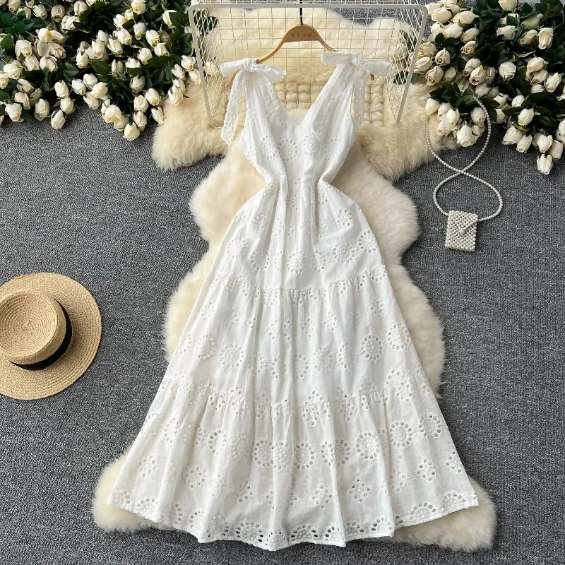 French Vintage Hollow Out Embroidery Butterfly Bow Bandage Slip Dress A-line Chic Casual Beach Vacation Women Summer Dresses