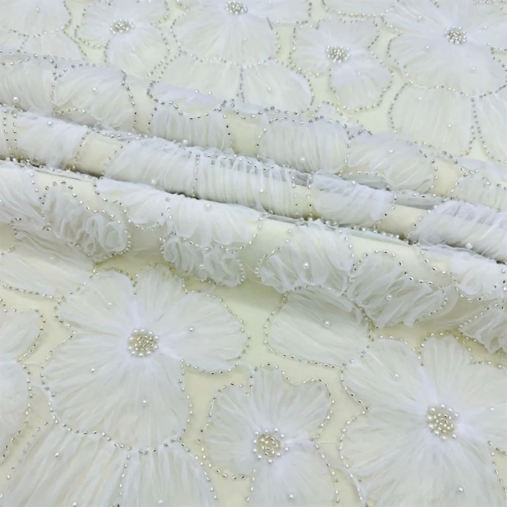 

White 3D Embroidered Beads Lace Mesh Fabrics Flowers Silver Beaded Wedding Dress Designer Craft Fabric DIY Sewing Accessories