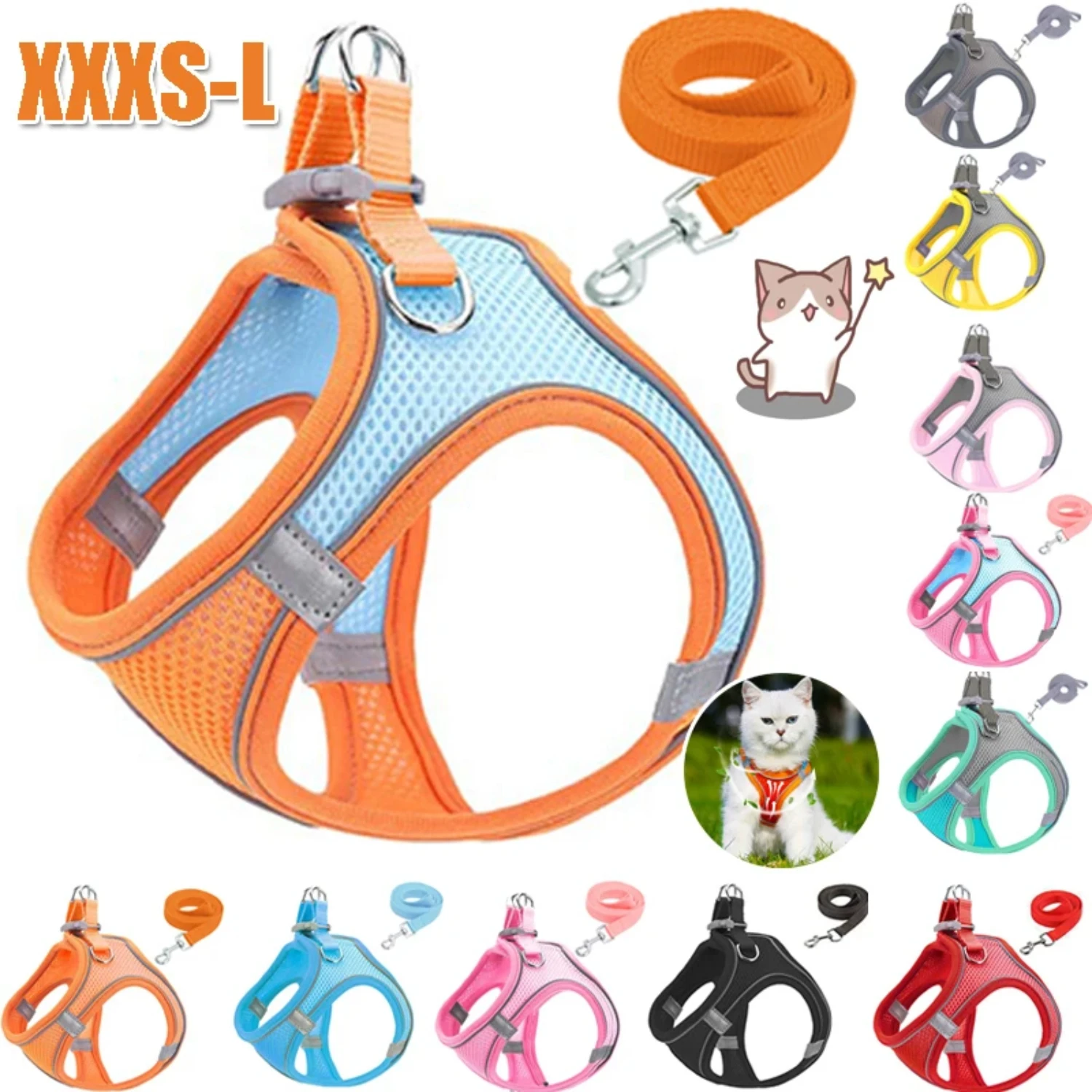 

New Adjustable, comfortable, and breathable high-quality reflective collar vest harness leash for small to large Chihuahua dogs
