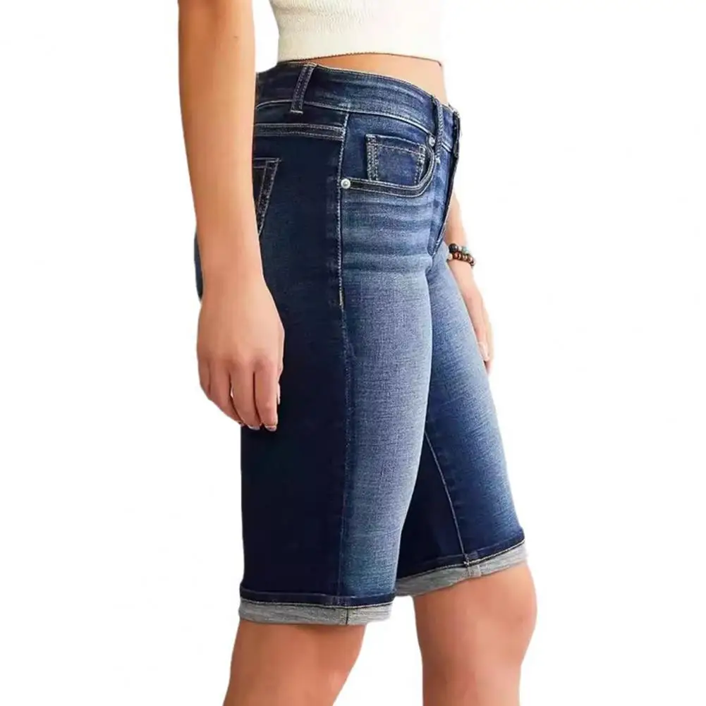 

Button Zipper Trousers Retro Washed Denim Shorts with Distressed Gradient Color Slim Fit Stretchy Mid Waist Lady Jeans for Women