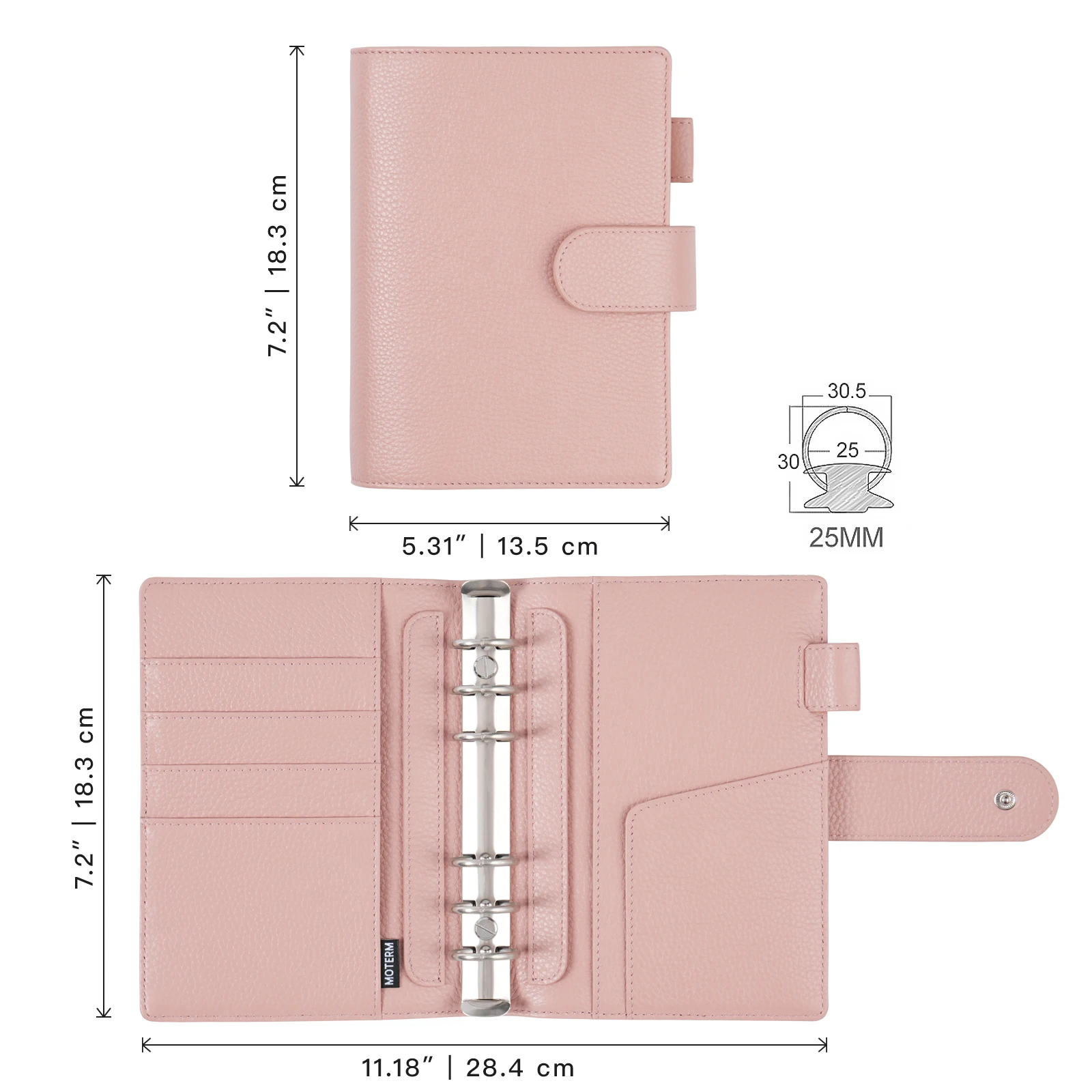 Moterm Personal Elite Rings Planner Without Back Pocket Pebbled Grain Leather Notebook Journal with 25mm Rings Organizer Cover