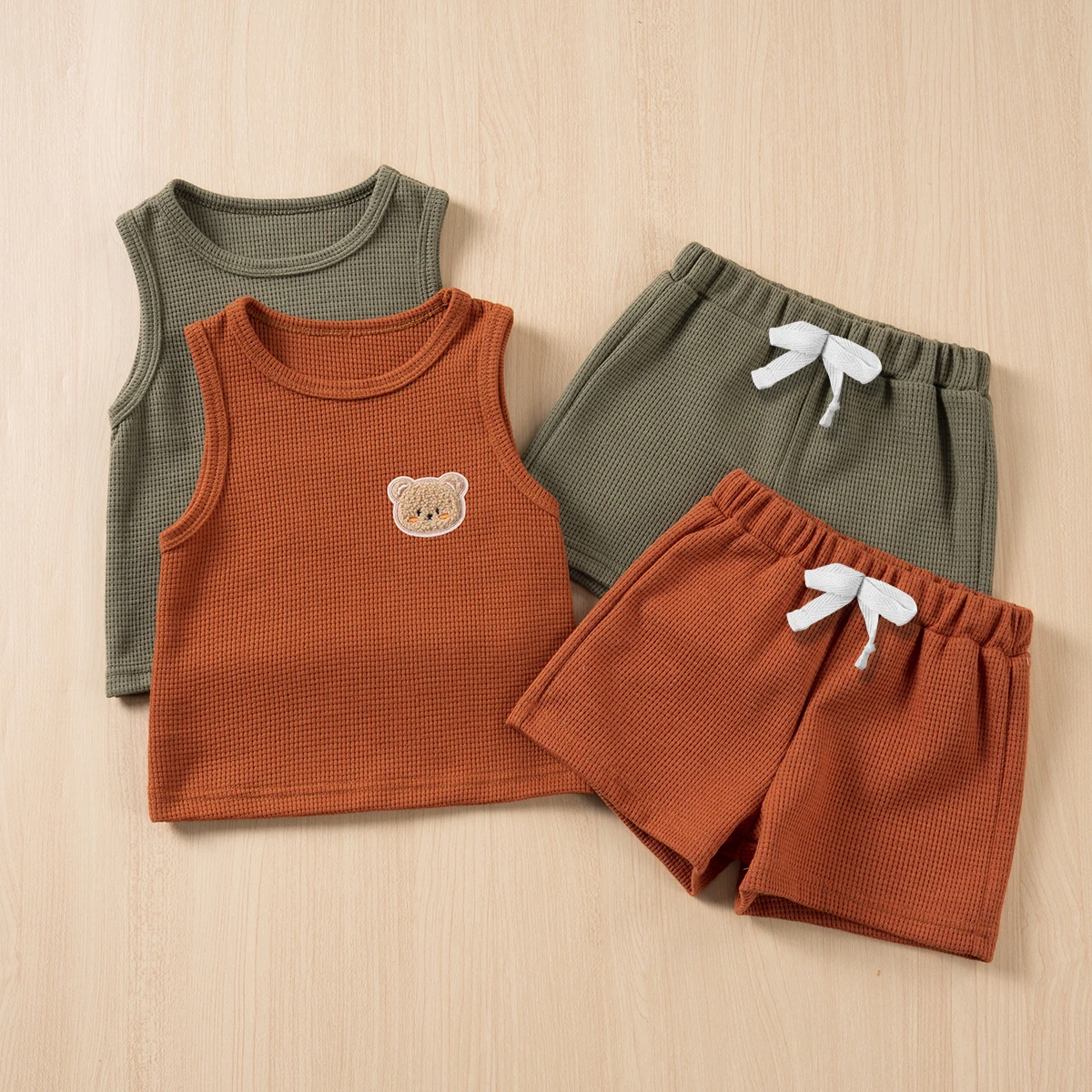 2024 Summer Waffle Cub Decorative Casual Tank Top+Shorts Two Piece Set for Children\'s New Casual Fashion Versatile